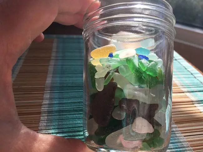 full jar of varied color sea glass - collecting sea glass in San Diego