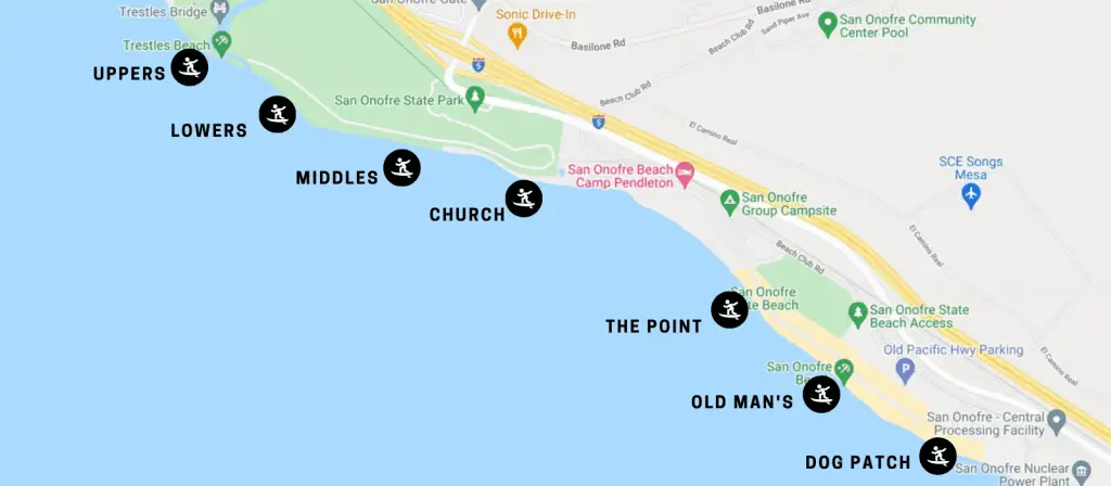 map of San Onofre beaches - top beginning surf beach in San Diego 