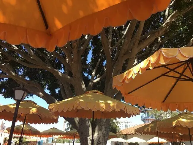 San Diego harbor - eating area with bright orange umbrellas