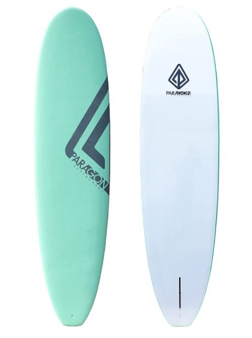 mint green vertical surfboard for front view and white surface back view