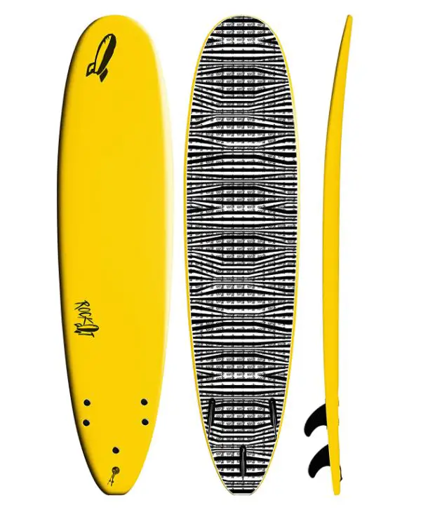 bright yellow surfboard front view and back view with black and white zebra print