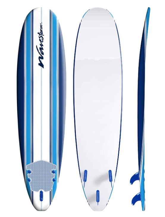 wavestorm 8 foot surfboard in striped blue showing front, back, and side views