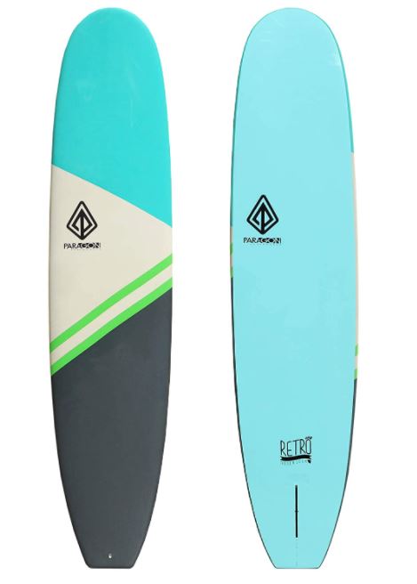 green black and blue design on a surfboard vertical view 