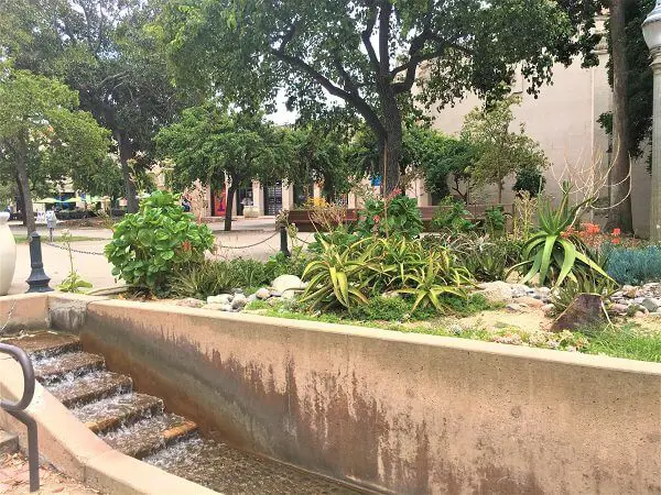 water feature with water trickling down stairs at Balboa Park San Diego